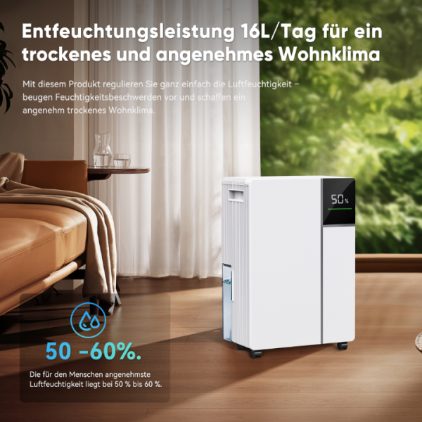 Fwoueot 16L/24h Luftentfeuchter Elektrisch, Raumentfeuchter mit Kompressor,Entfeuchter für Räume bis zu 45m² (120m³), Automatische Abtauung, 3 Modi, 24h Timer, Großer Tank 2L Mit Rädern,Schlafzimmer
